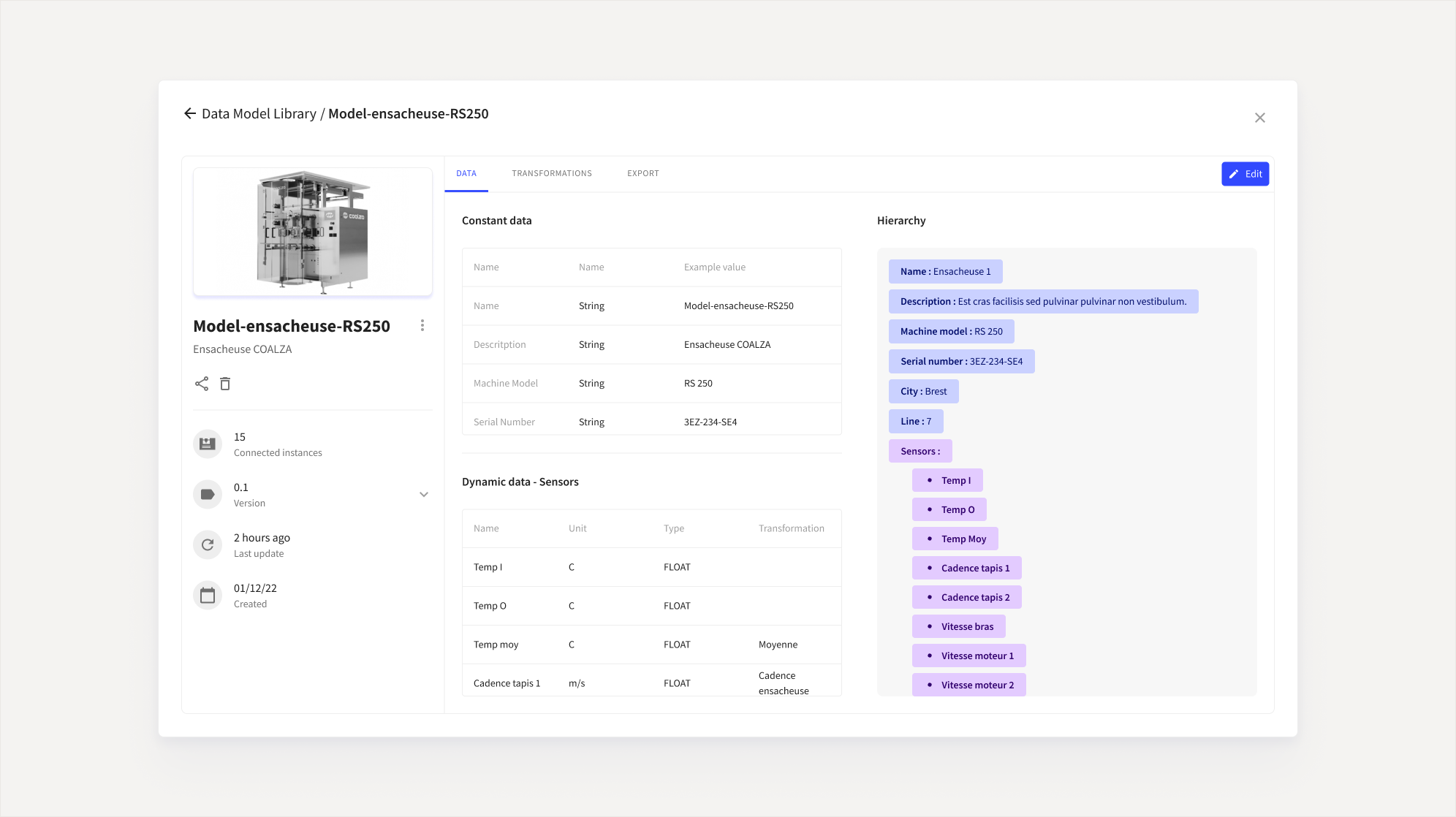 Hi-fi screen of a data model: constant data, dynamic sensor data and the resulting hierarchy.